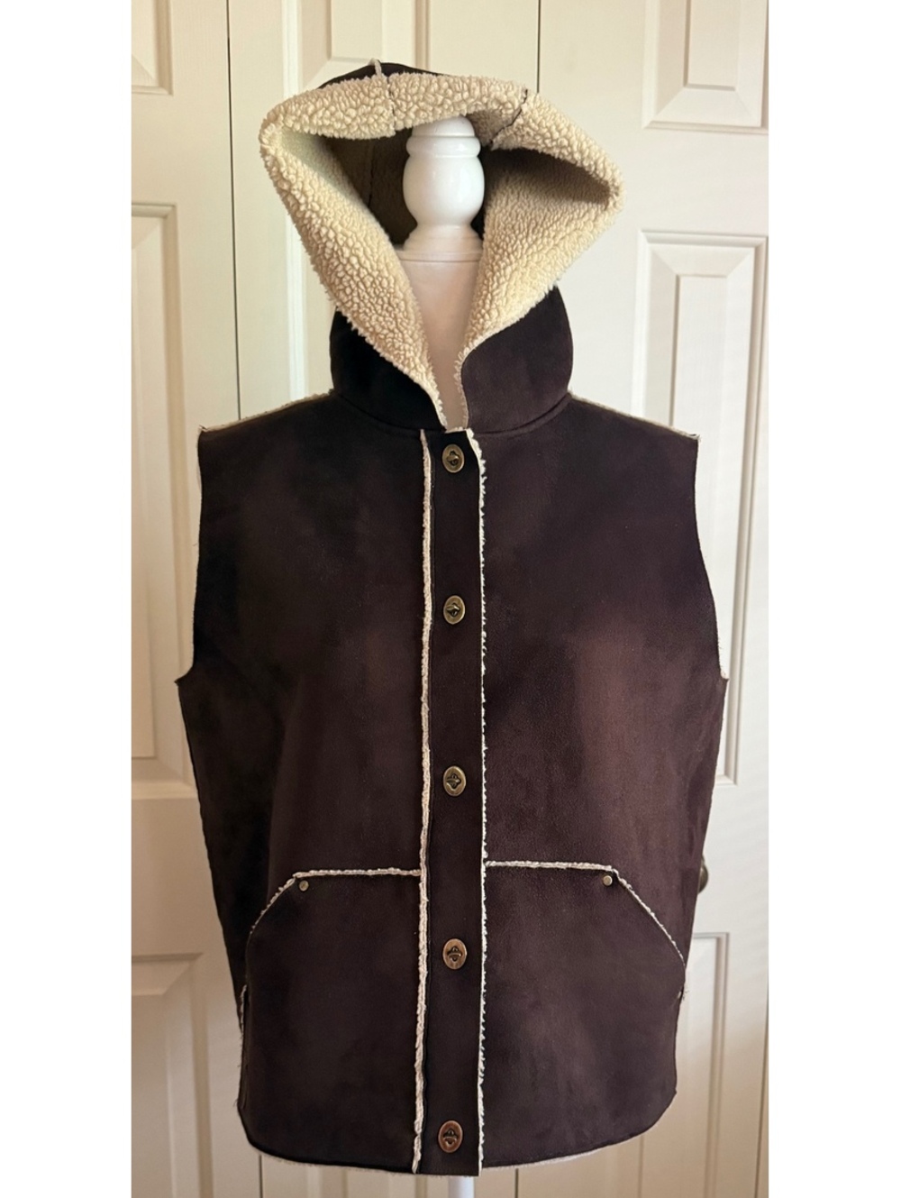 Lauren Ralph Lauren Reversible Faux Suede Sherpa Hooded Vest Brown Cream P/M